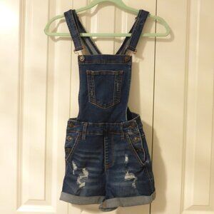 WAX JEAN dark wash denim shortalls/overalls with distressed details